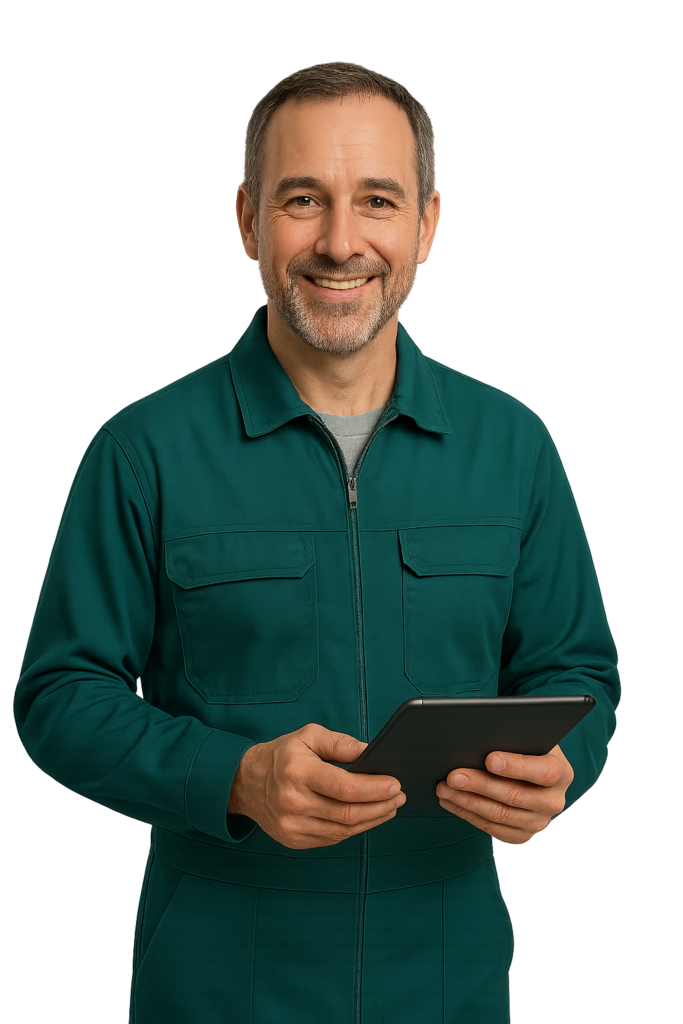 Technicien en tenue de travail verte tenant une tablette numérique et souriant face à l’appareil photo.